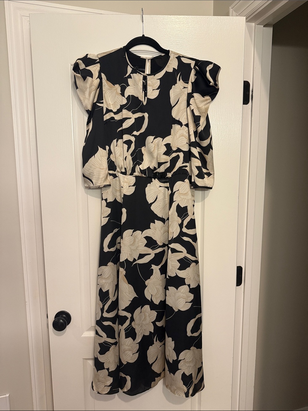 Rickie Freeman for Teri Jon Black Midi Dress with Cream Floral Print